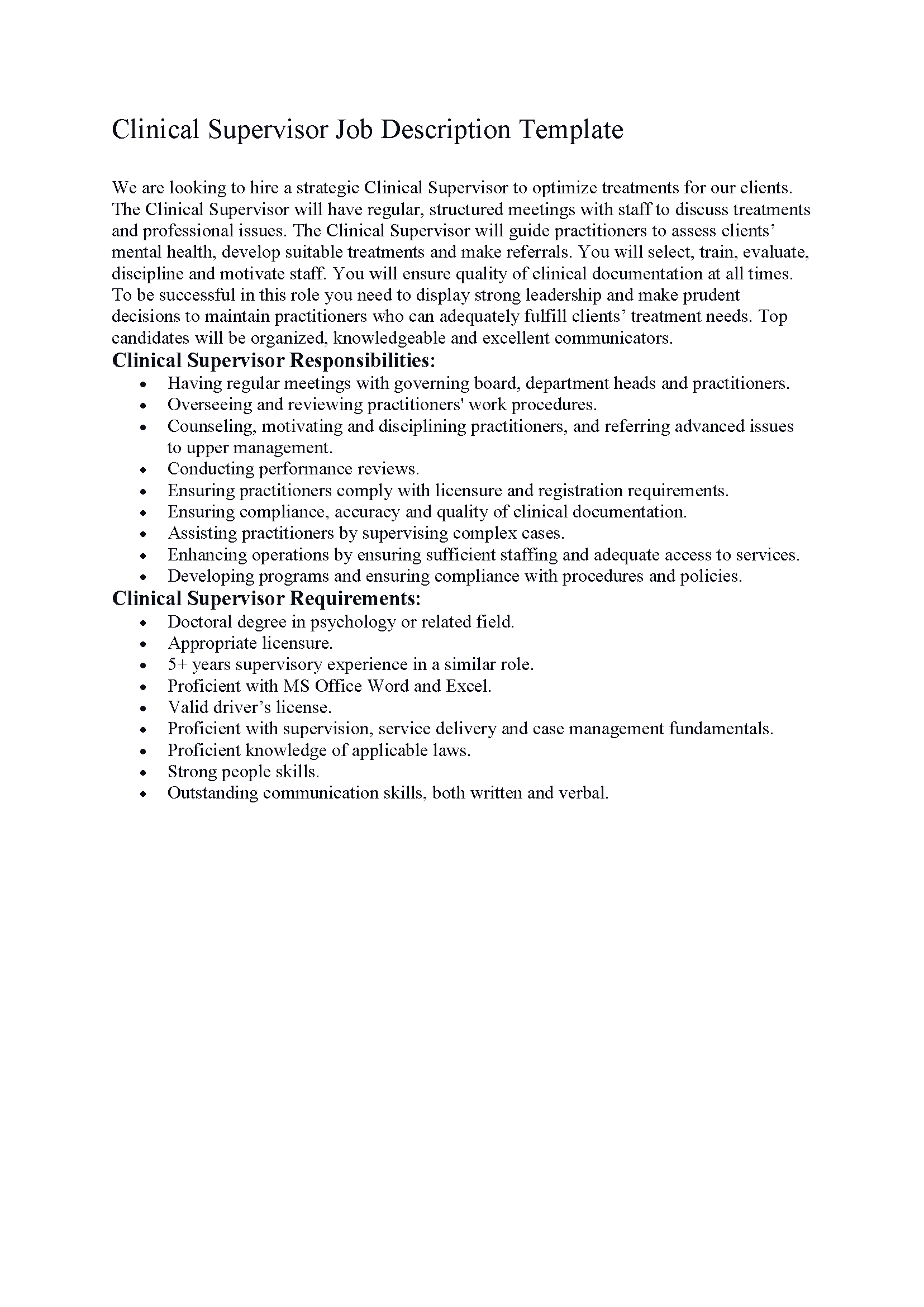Clinical Supervisor Job Description Template